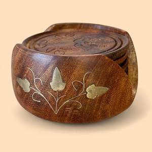 Traditional Rosewood <b>Coaster</b> <b>Set</b> With Brass Inlay Design Crafted For Timeless Home Dining Table Appeal From India - Product Image 1