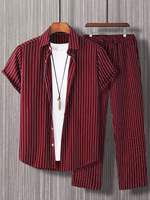 Conjunto Casual de Dos Piezas para Hombre, Traje de Franela Sólida para Primavera/Verano, Camisa Teñida y Pantalones Transpirables 100% Poliéster