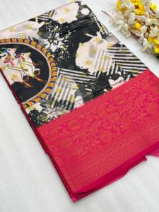 Zari Gold Weaving Kanchi Pattu Saree con rico yo y contraste KALMKARI Mottif tejido Se empareja con una blusa contrastante - Product Image 5