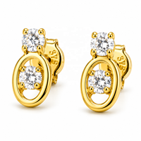 Pendientes de Oro Sólido de 14k con Circonita Redonda Doble y Diseño Ovalado Abierto para Mujer, Joyería Fina, Venta al por Mayor OEM ODM