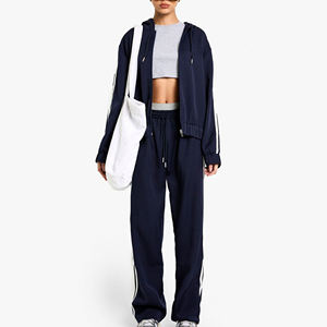 Ensemble survêtement 2 pièces pour femmes, automne-hiver, en dentelle unie, imprimé, avec fermeture éclair, sweat-shirt et pantalon de jogging, avec bande latérale - Product Image 1