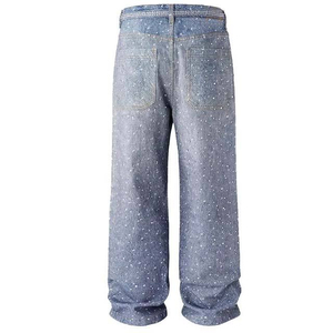 กางเกงยีนส์ทรงหลวมสำหรับผู้ชายกางเกงผ้ายีนส์ทรงตรงกลางมีผ้ายีนส์ซักได้แอซิดด้วยพลอยเทียม - Product Image 2