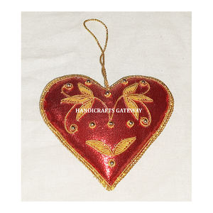 El mejor diseño en forma de corazón dorado Zari bordado a mano con adornos de trabajo de cuentas para árbol de Navidad y decoración para fiesta de boda - Product Image 1