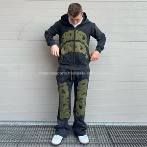 Fabricante de ropa personalizada, sudadera con parche bordado desgastado con lavado ácido, pantalones de chándal acampanados, conjuntos recortados con capucha - Product Image 5