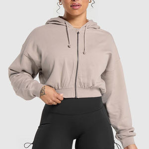 Meilleure vente : sweat-shirts à capuche zippés, épaules tombantes, manches longues, bas flexible, coton et élasthanne, impression personnalisée en relief, respirant, pour femmes - Product Image 4