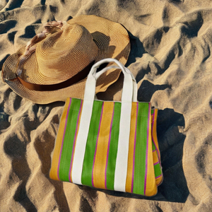 Bolsa de compras de nailon con cremallera reutilizable ecológica RPET bolsas de plástico de playa de plástico recicladas tejidas a rayas hechas en la India - Product Image 2