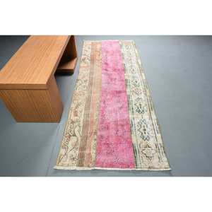 Alfombra de lana rosa moderna, alfombra rectangular turca de 3x7 pies, respaldo de látex para decoración de sala de estar, pasillos con patchwork - Product Image 1