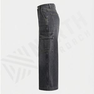 Pantalon large en coton respirant pour femmes, style streetwear, taille haute, multi-poches, denim délavé, jambe large, taille élastique - Product Image 3