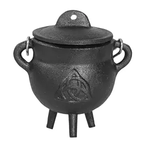 3.5英寸Triquetra铸铁大锅，带盖和手柄，完美的熏香涂抹架祭坛仪式燃烧架