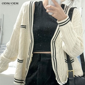 OEM Spring <b>Women</b> <b>Beige</b> V-neck Custom Logo Embroidery Cardigan Casual Loose Sweater Fashion Knitted <b>Jacket</b> Streetwear - Product Image 3