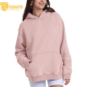 Vente en gros de sweats à capuche de haute qualité, couleur unie, avec impression de logo sur mesure, 100% coton, courts pour femmes - Product Image 2