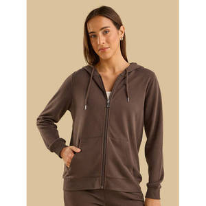 Sweat-shirt à capuche zippé uni pour femme, manches longues, style décontracté, fermeture éclair intégrale, haut streetwear quotidien, OEM 100% coton - Product Image 3