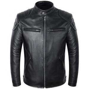 <b>Men's</b> Genuine <b>Leather</b> Motorcycle <b>Jacket</b> Stand Collar Zipper Closure Slim Fit Windproof Autumn Wear - Product Image 5