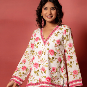 Rang Malhaar Pink Phool Cotton Short <b>Kurti</b> Casual Party Wear <b>Women</b> Floral Printed Pure Cotton Short <b>Kurti</b> - Product Image 1