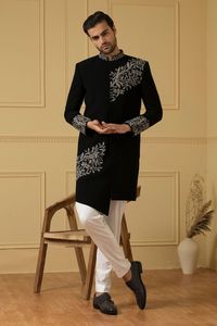 NEW-BEAUTIFUL-EMBROIDERY on GROOM BLACK SHERWANI & WHITE <b>PANT</b> WITH EMBELLISHED CRYSTAL GLASS BEADS,DABKA WORK for WEDDING=2024 - Product Image 2
