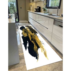 Alfombra con Efecto de Pinceladas en Negro y Dorado: Alfombra Brillante con Diseño Abstracto de Mármol, con Pelo Suave - Product Image 5