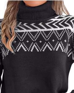 Customized Women Black White Nordic Pattern Turtleneck Sweater Winter Warm Knitted Long Sleeve Casual Pullover Fashion Top - Product Image 4