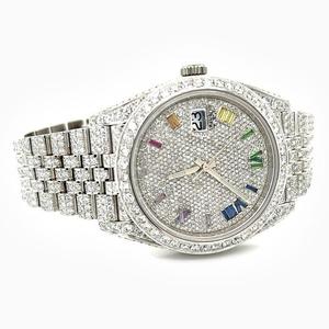 Montre en diamant Moissanite entièrement glacée de qualité supérieure Bracelet en acier inoxydable haut de gamme Cadran à chiffres romains coloré Unique Cadran en verre - Product Image 1