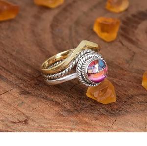 แหวนมงกุฎสีฟ้าครามดอกรักเร่สีชมพู925เงินแท้เชฟรอนสองสีเครื่องประดับวัตถุประสงค์ Boho สำหรับผู้หญิง - Product Image 2
