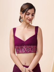 Trendmalls, Sari bordado de seda Vichitra para mujer con pieza de blusa sin costuras (), ropa india y pakistaní - Product Image 5