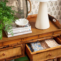 Table console de service en rotin et écaille de tortue artisanale