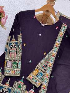 Conjunto de seda Chinon pura de moda con hilo de lentejuelas bordado fondo de algodón liso y dupatta a juego para moda étnica festiva - Product Image 5