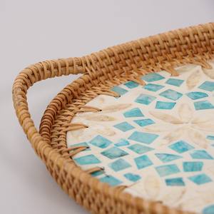Sustainable Mother Of Pearl With Rattan Serving Tray Oval Blue White <b>Mosaic</b> Pattern Wholesale For Coffee <b>Table</b> Kitchen Decor - Product Image 5