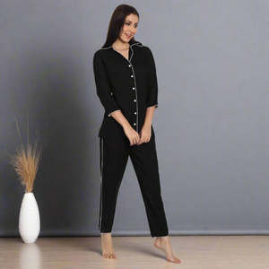 Women's Classic Black Rayon Solid Night <b>Suit</b> with Elastic Waist Soft Woven Fabric Customizable Logo ODM Supp - Product Image 4
