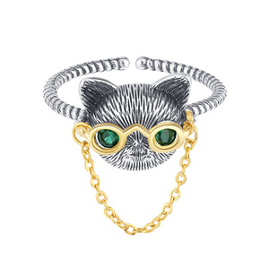 S925 kacamata <span class=keywords><strong>Dr</strong></span> kucing perak murni cincin terbuka rantai bergerak untuk wanita jari kucing bermata hijau Retro - Product Image 5