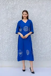 Vestido Kaftan Azul al Precio Más Bajo del 2026 con Bordado de Hamsa y Ojo Turco, Estilo Boho, Largo Midi, Mangas Medias - Product Image 6