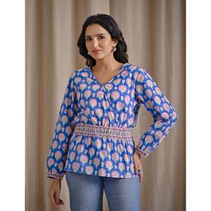 Haut court formel bleu en coton imprimé à la main pour femme, en tissu popeline, motif floral brodé, tailles XS à XL, col montant - Product Image 5