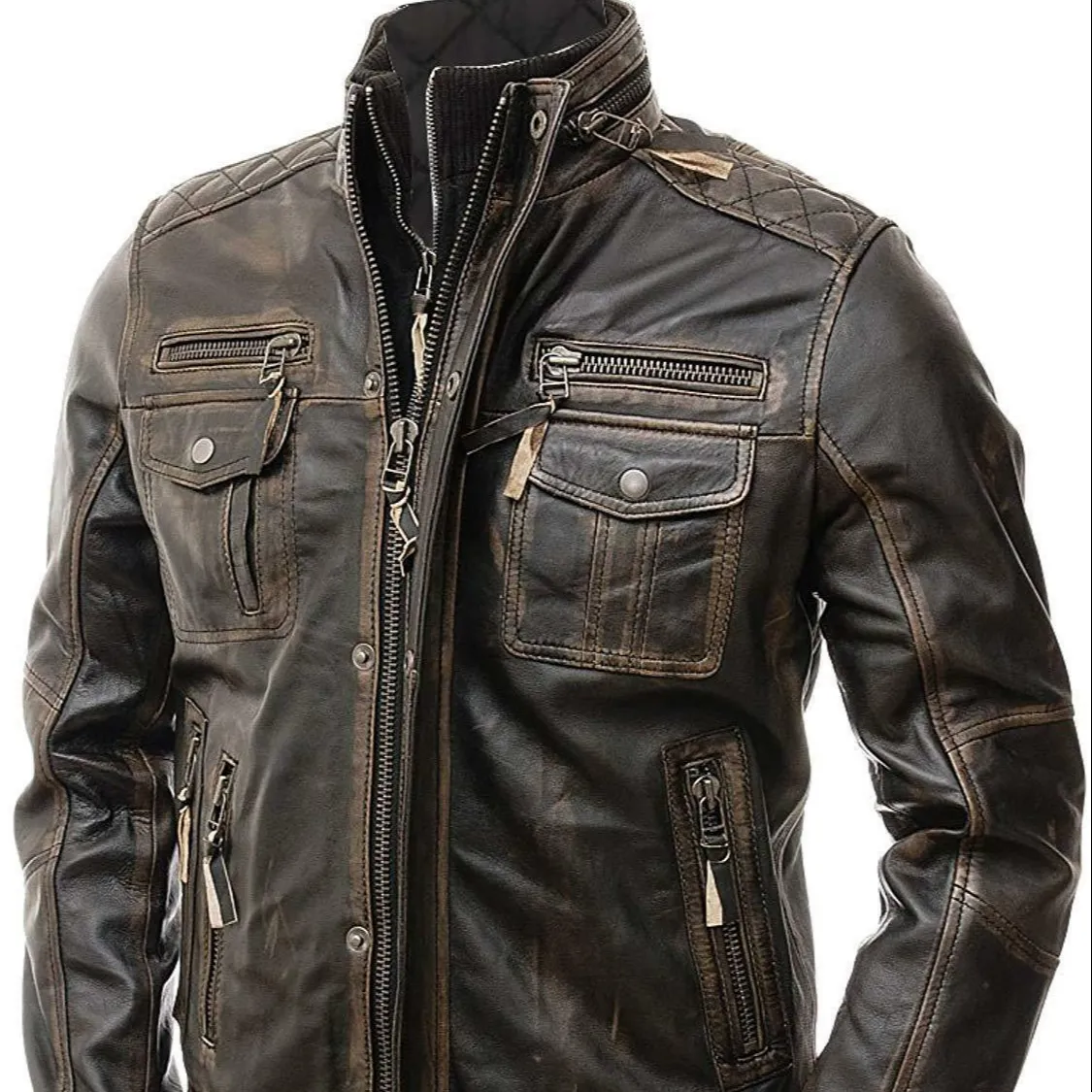 Wholesale Men's Biker Motorcycle Vintage Racer Distressed Brown Real Leather Jacket