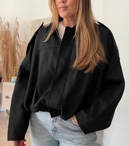 Blouson Bomber matelassé en cuir véritable imprimé pour femme avec fermeture éclair, logo frontal, col rabattable, manches longues, respirant - Product Image 1