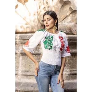 Vestido Floral Mexicano Bordado en el Hombro para Mujer, Estilo Étnico, Cintura Natural Fruncida, Manga Abullonada, 100% Algodón Ecológico - Product Image 2