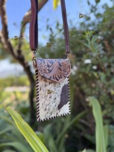 Unique Designer Phone <b>Purse</b> Handbag Real Cowhide Fur Hand Tooled Carving Leather Bag <b>Small</b> Size Bags Pouch Designer Bag - Product Image 2