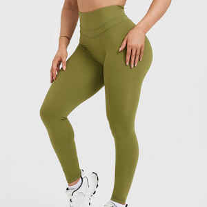 2024 nouveauté Logo personnalisé sans couture serré femmes couleur unie vert pleine longueur taille moyenne Sexy Gym Fitness Yoga pantalon - Product Image 4