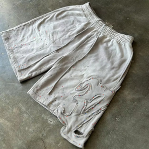 Men's Embroidered Drawstring Shorts Mid Waist Street Style Polyester Breathable Short Length Black Red Pink Olive Brown - Product Image 3