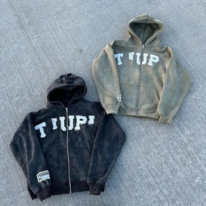Prix de gros : Sweat à capuche en molleton pour homme, coupe oversize, délavé à l'acide, style zippé, avec broderie personnalisée effet vieilli, noir - Product Image 1