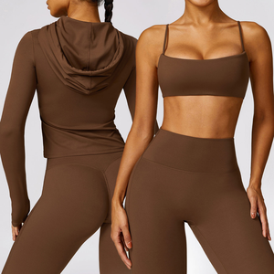 Sweat-shirt court bleu clair pour femme, manches longues, coupe ajustée, vêtements de sport, haut de yoga avec capuche à cordon, tissu extensible - Product Image 2