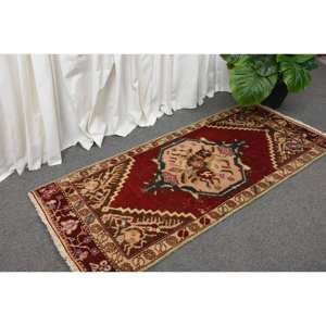 Alfombra Kilim de área grande, rojo y beige, 1,7x3,9 pies, tejido plano, lana turca, pelo de felpa, altura, patrón rectangular para alfombra de habitación de pasillo - Product Image 3