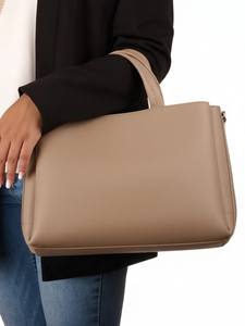 Sac fourre-tout à trois compartiments en cuir véritable beige, sac à bandoulière, cuir grainé doux, fermeture éclair, résistant à l'eau - Product Image 3