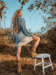 Haut Boho bleu avec manches bouffantes Chemise tricotée taille unique Long uni teint couvrir avec ceinture solide motif Outwear - Product Image 5