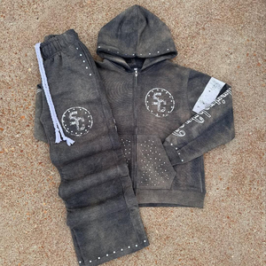 2025 mode coupe régulière Jogging costumes sérigraphie lavage à l'acide strass pour hommes coton polaire survêtement décontracté - Product Image 1