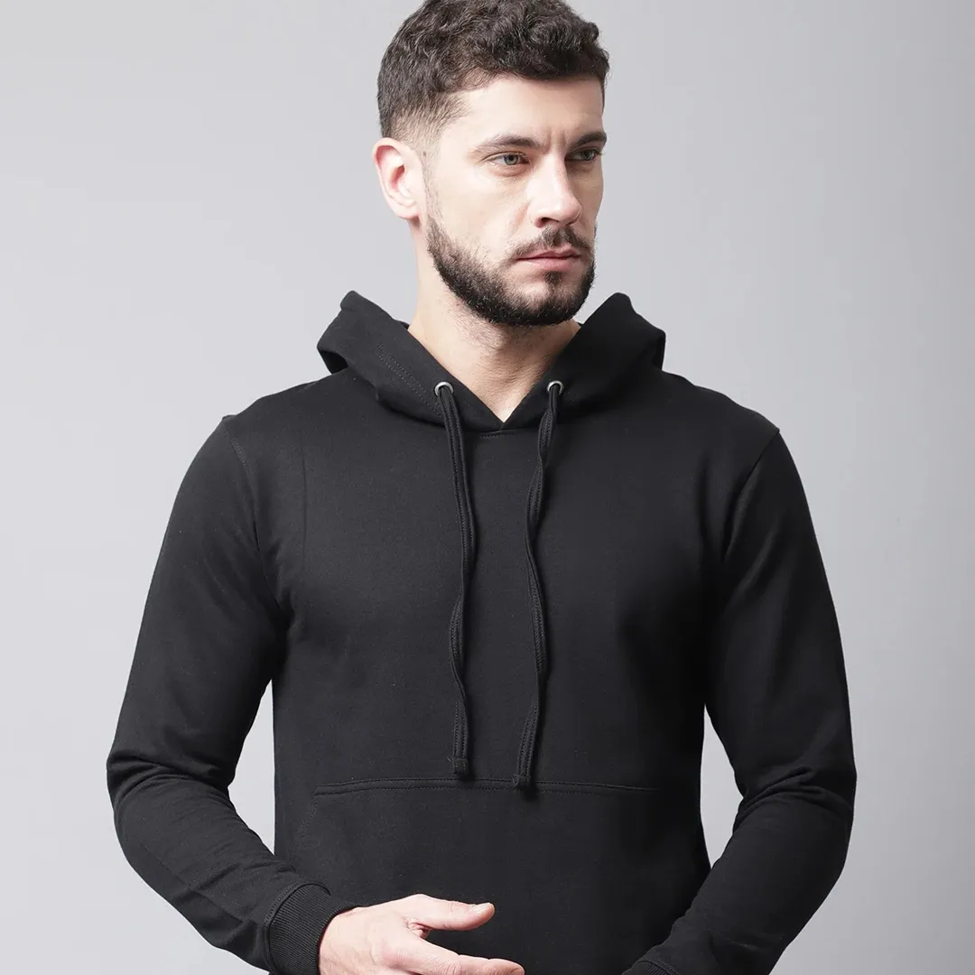 Erkekler siyah uzun kollu kanguru cep polar Hoodie tişörtü toplu ürün el yapımı özelleştirilmiş şekil