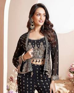 Top Trending Faux Georgette bordado trabajo Koti Set Palazzo Color negro para damas ropa India pakistaní para boda - Product Image 2