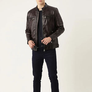 Veste en cuir de vachette de qualité supérieure pour homme, col montant, logo frontal, style moto, vêtements de rue, vestes en cuir véritable - Product Image 4