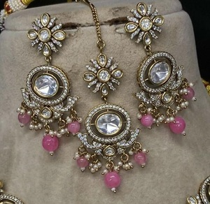 <b>Kundan</b> Brass Bridal <b>Jewelry</b> Set with American Diamonds Necklace & Earrings for Weddings Engagements Special Occasions - Product Image 2