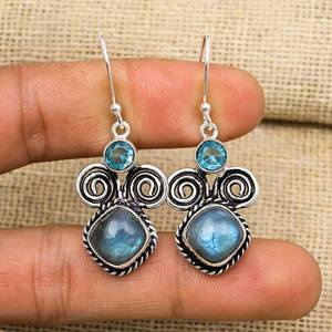 Solid 925 Sterling <b>Silver</b> Plated Bohemian Style <b>Earrings</b> Fashionable Labradorite Gemstone Natural Bezel Anniversary Supply - Product Image 1