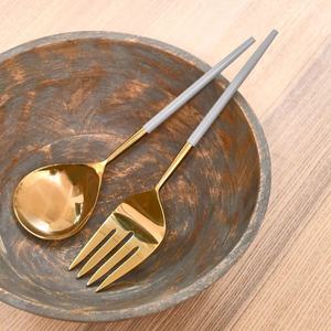 Couverts à poignée de feuille ensemble de service de salade en acier inoxydable or ensemble de service de barre de salade ensemble de service de nourriture poignée rustique en bois - Product Image 3