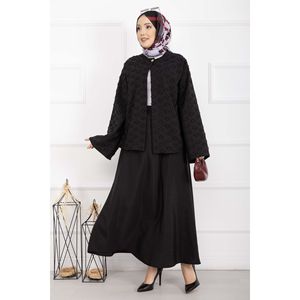 Conjunto de Falda y Blazer para Mujer, de Tweed Negro con Textura Repujada, Manga Larga, con Cinturón, Incluye Blazer y Shorts, Conjunto de 2 Piezas - Product Image 3